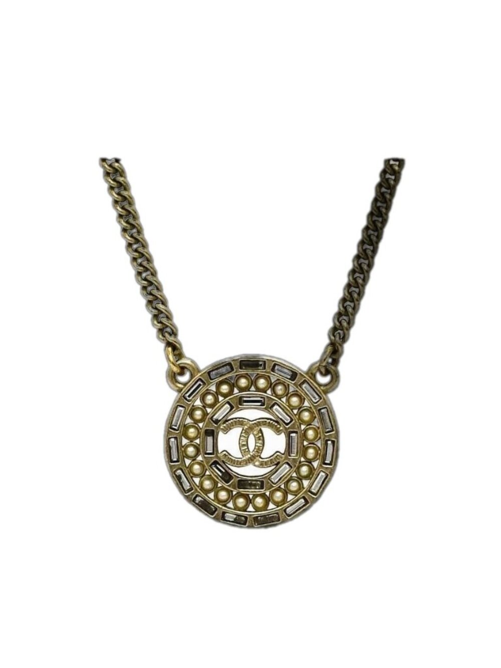 Chanel Necklace Gold CC Logo Faux Pearl